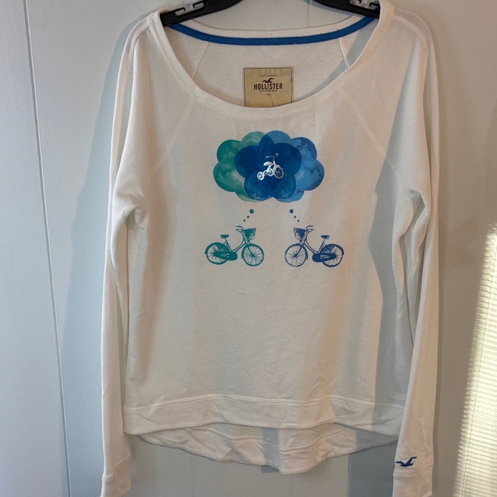 Hollister White Long Sleeve with Blue Bicycle Design